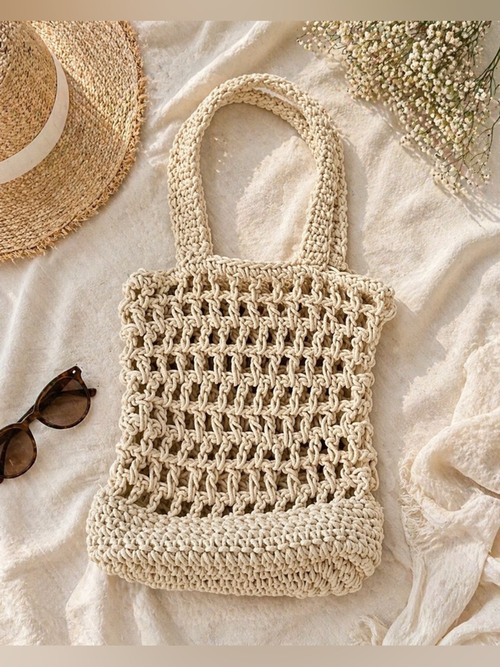 J.Crew Macrame Tote Bag Boho Woven Market Beach Bag Natural Cotton One Size